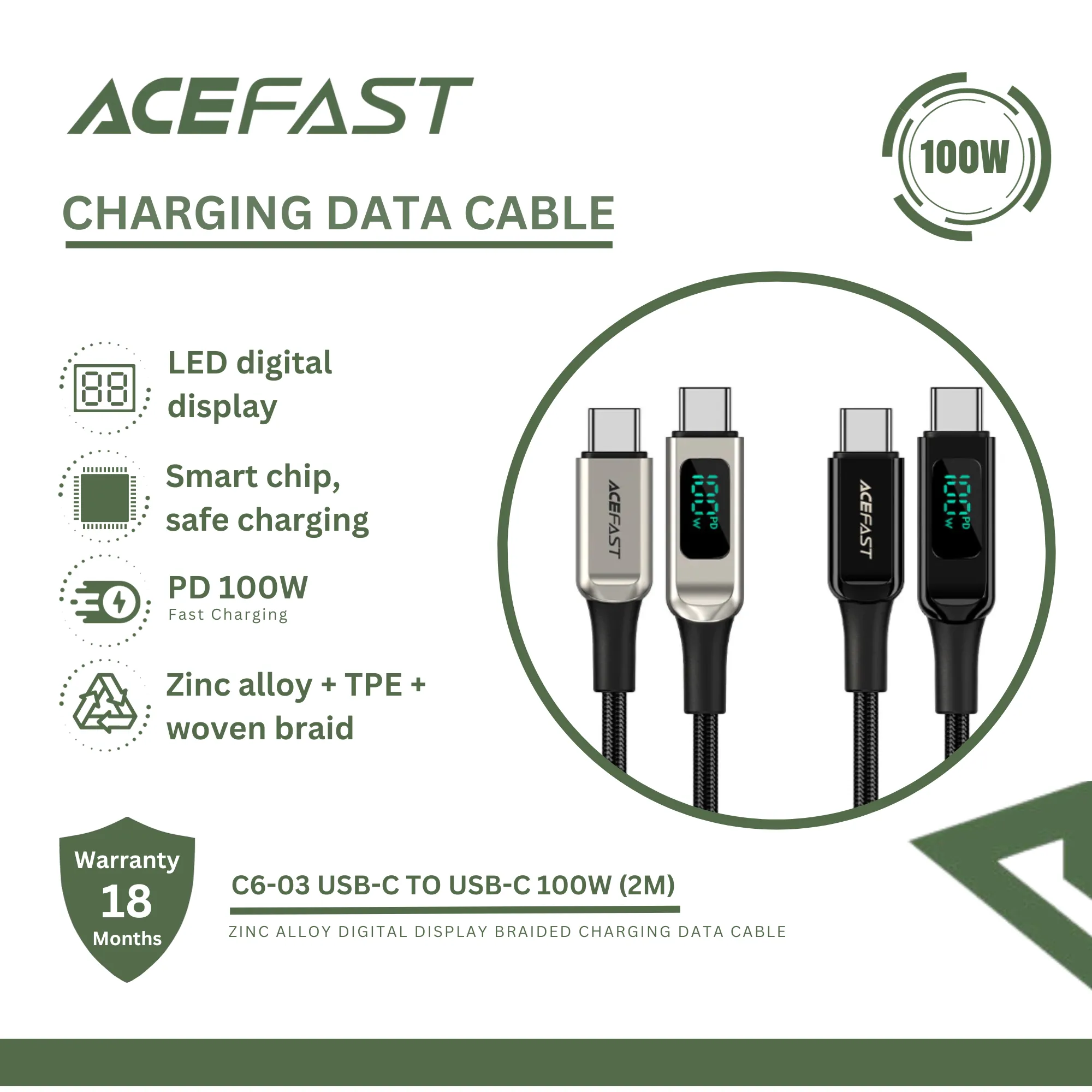 ACEFAST C6-03 USB-C TO USB-C 100W ZINC ALLOY DIGITAL DISPLAY BRAIDED CHARGING DATA CABLE (2M) - SILVER