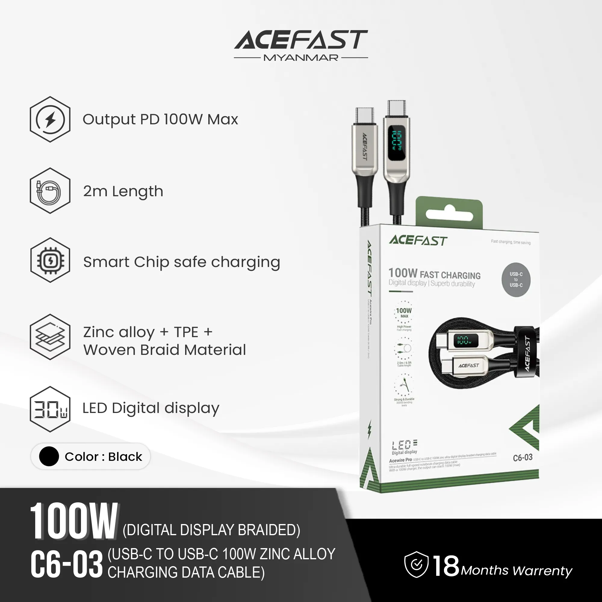 ACEFAST C6-03 USB-C TO USB-C 100W ZINC ALLOY DIGITAL DISPLAY BRAIDED CHARGING DATA CABLE (2M) - SILVER