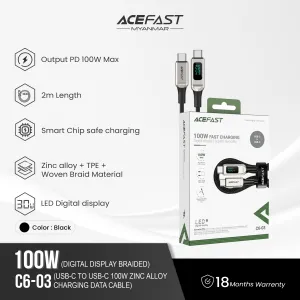 ACEFAST C6-03 USB-C TO USB-C 100W ZINC ALLOY DIGITAL DISPLAY BRAIDED CHARGING DATA CABLE (2M) - SILVER