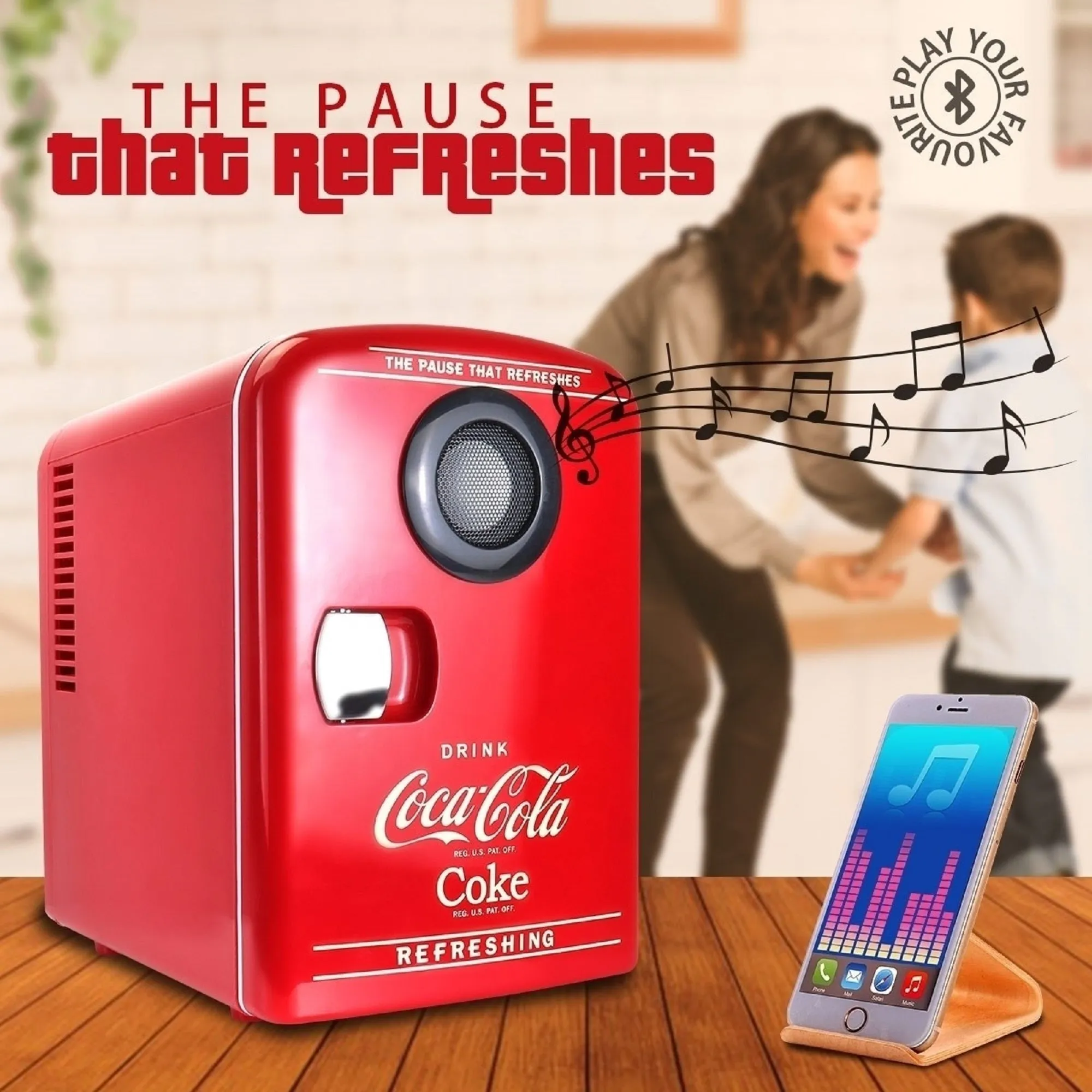 Coca-Cola 4L Cooler/Warmer w/ Bluetooth Speaker, Includes 12V DC and 110V AC Cords, 6 Can Portable Mini Fridge w/ Built-In Wireless Speaker, Unique Desk Accessory for Home Office Dorm, Red