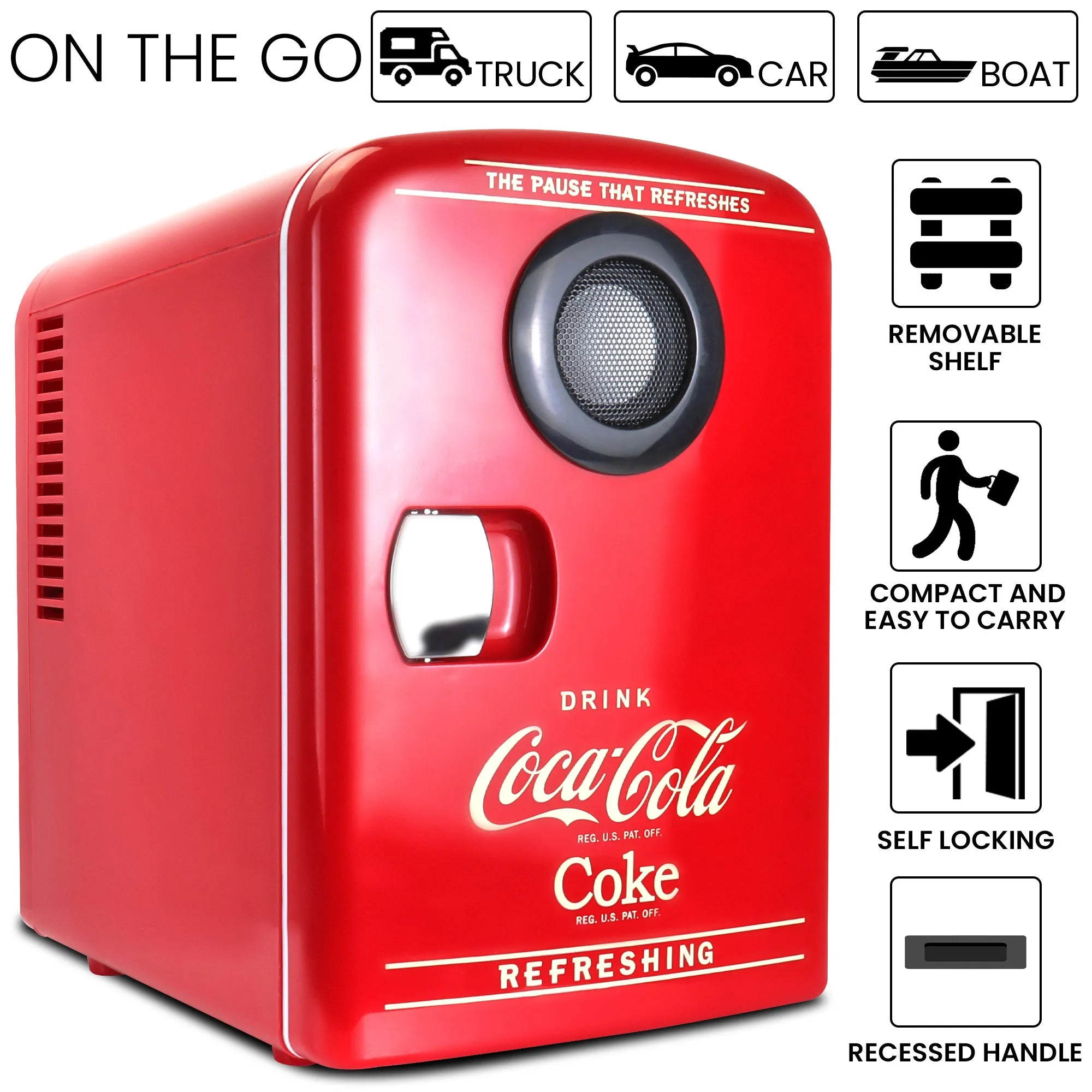 Coca-Cola 4L Cooler/Warmer w/ Bluetooth Speaker, Includes 12V DC and 110V AC Cords, 6 Can Portable Mini Fridge w/ Built-In Wireless Speaker, Unique Desk Accessory for Home Office Dorm, Red