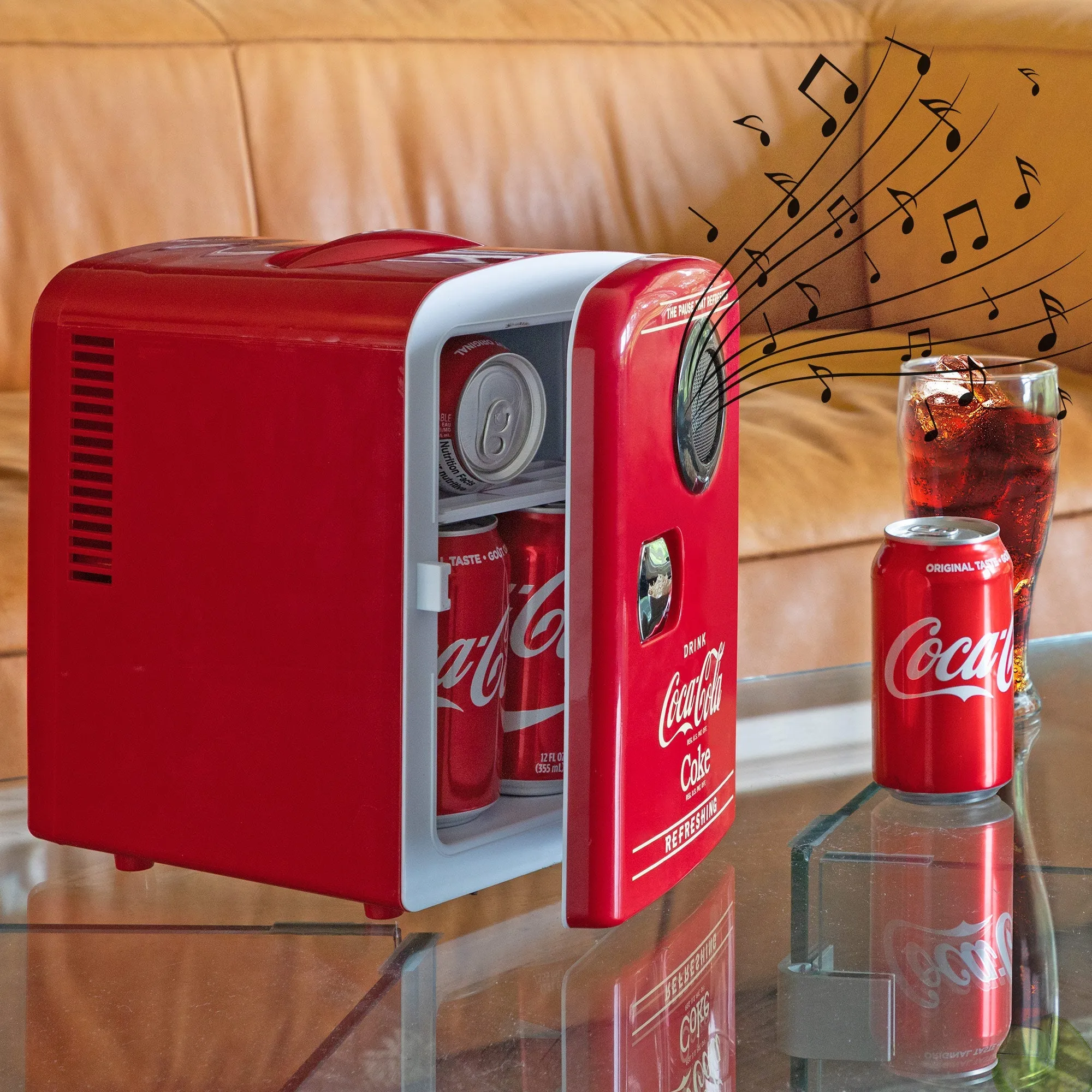 Coca-Cola 4L Cooler/Warmer w/ Bluetooth Speaker, Includes 12V DC and 110V AC Cords, 6 Can Portable Mini Fridge w/ Built-In Wireless Speaker, Unique Desk Accessory for Home Office Dorm, Red