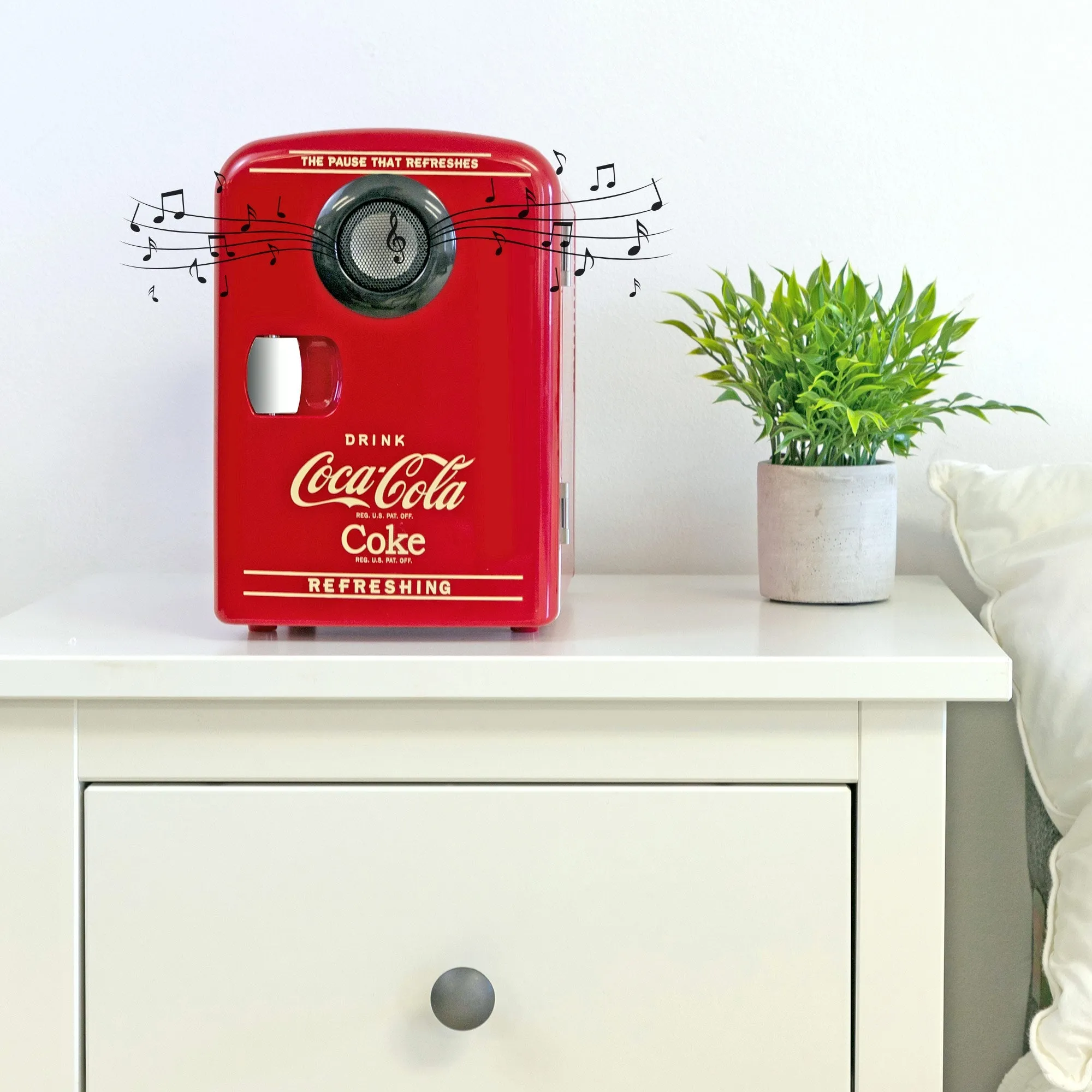 Coca-Cola 4L Cooler/Warmer w/ Bluetooth Speaker, Includes 12V DC and 110V AC Cords, 6 Can Portable Mini Fridge w/ Built-In Wireless Speaker, Unique Desk Accessory for Home Office Dorm, Red