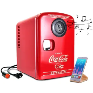 Coca-Cola 4L Cooler/Warmer w/ Bluetooth Speaker, Includes 12V DC and 110V AC Cords, 6 Can Portable Mini Fridge w/ Built-In Wireless Speaker, Unique Desk Accessory for Home Office Dorm, Red