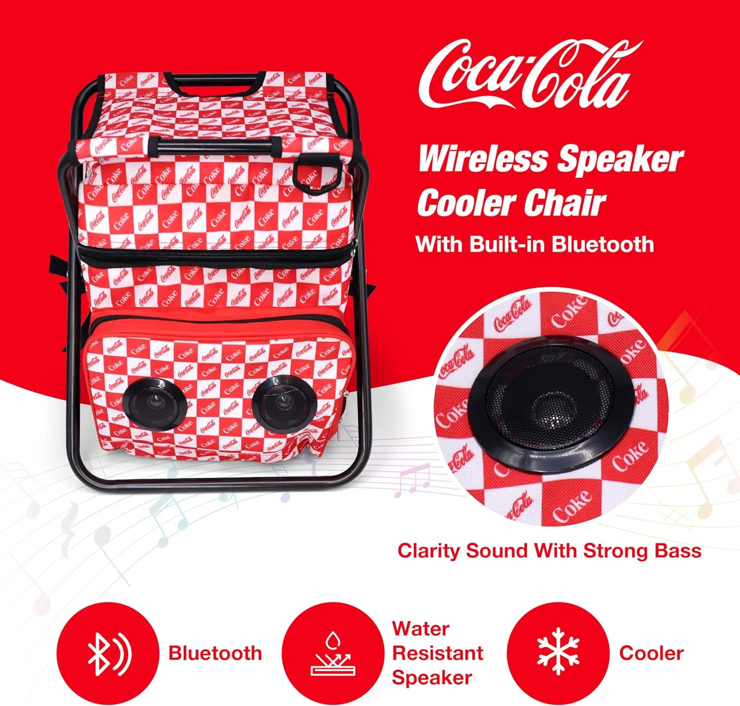 Coca-Cola/Diet Coke Waterproof Bluetooth Speaker Cooler Bag, Folding Chair, and Backpack