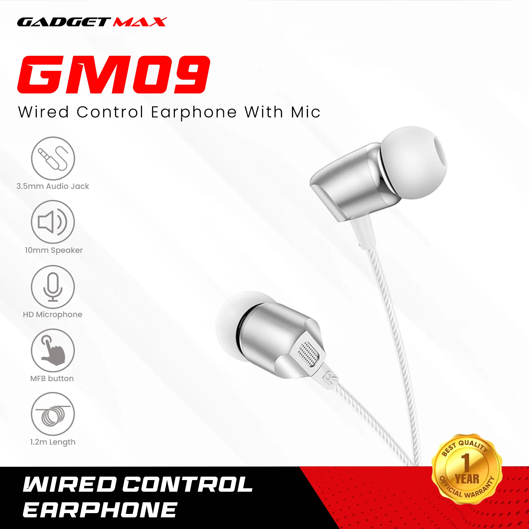 GADGET MAX GM09 WIRED CONTROL 3.5MM EARPHONE WITH MIC (1.2M) Wired Earphone- WHITE