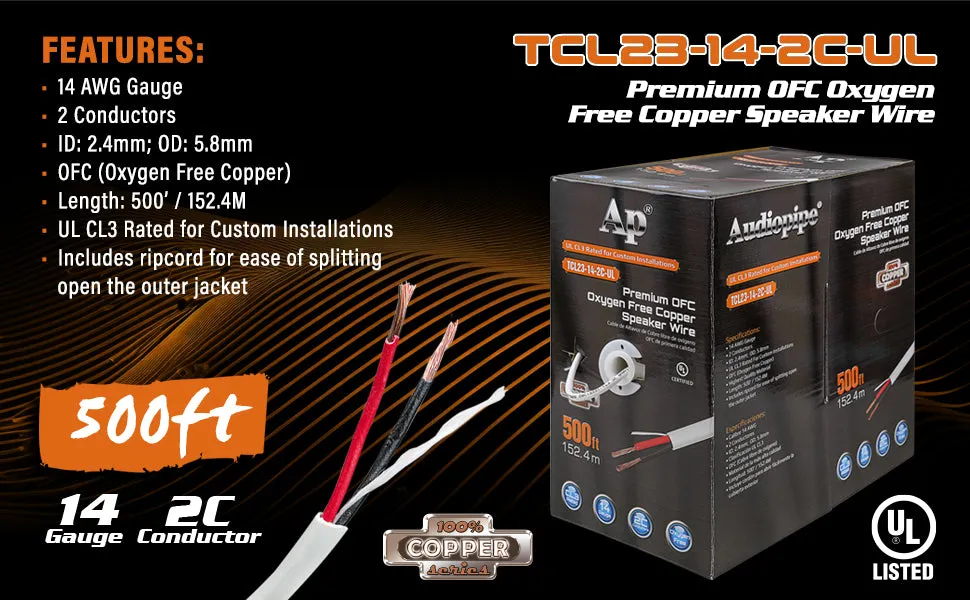 Premium 14 Gauge Oxygen Free Copper Speaker Wire (TCL23-14-2C-UL)